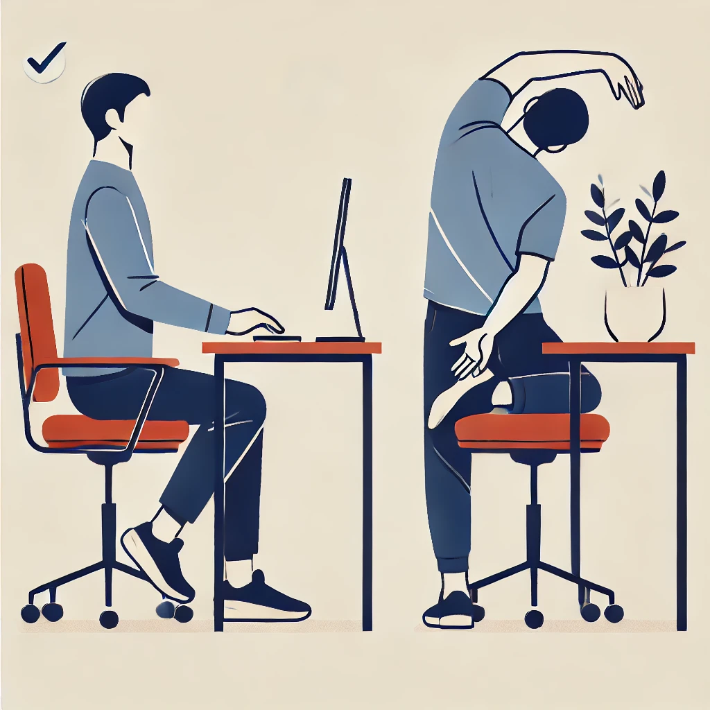 DALL·E 2025 02 01 06.47.00 An illustration of a person sitting with proper posture at a desk keeping their back straight and feet flat on the ground. Next to them a person is