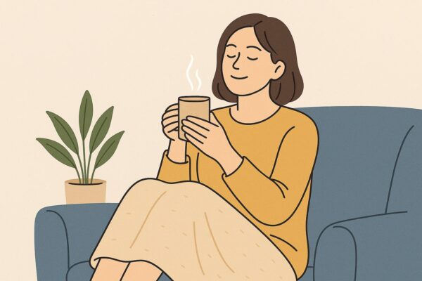 허브차나 물을 마시며 편안하게 앉아 있는 사람