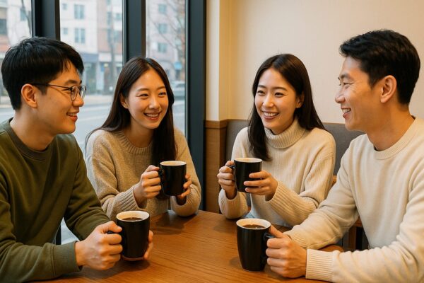 카페에서 커피를 마시며 이야기를 하고 있는 사람들