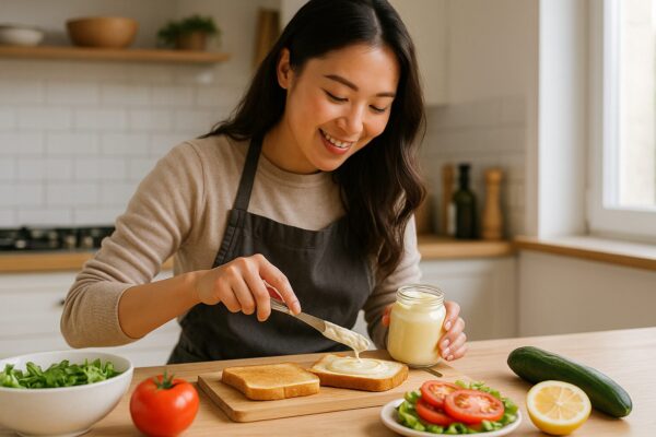 마요네즈로 맛있는 요리를 하고 있는 여성