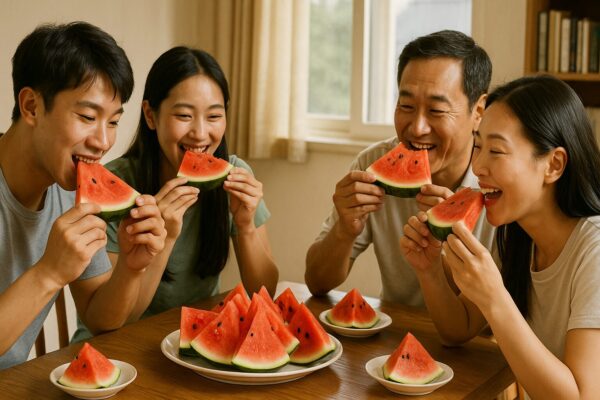 수박을 먹고 있는 사람들