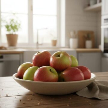 Firefly_Gemini Flash_사과가 담겨있는 그릇이 주방 식탁위에 놓여있다 266866