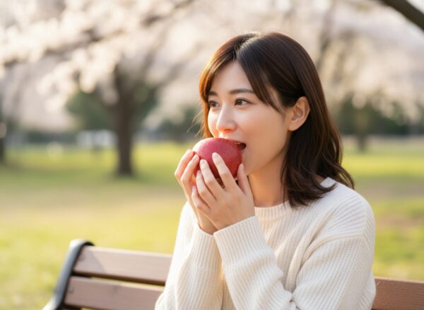 Firefly Gemini Flash 사과를 먹고 있는 30대 한국인 여성 266866