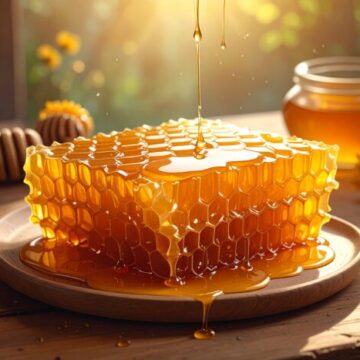 프로폴리스의 놀라운 효능과 올바른 사용법 Firefly_식탁위에 꿀이 흐르는 벌집이 접이에 담겨서 놓여있다 700981